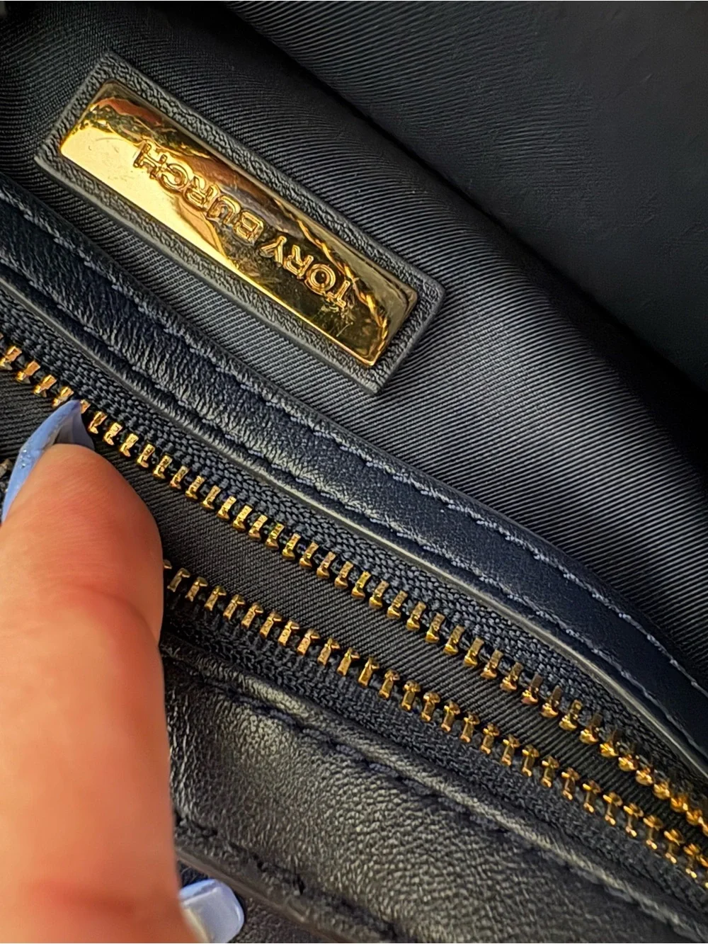 Tory Burch navy blue Floral Embroidered Crossbody with Gold Chain